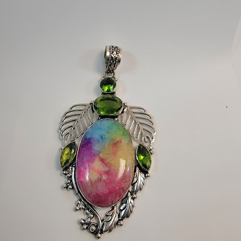 Handmade Rainbow Fluorite and Peridot Pendant with Sterling Silver Floral Design